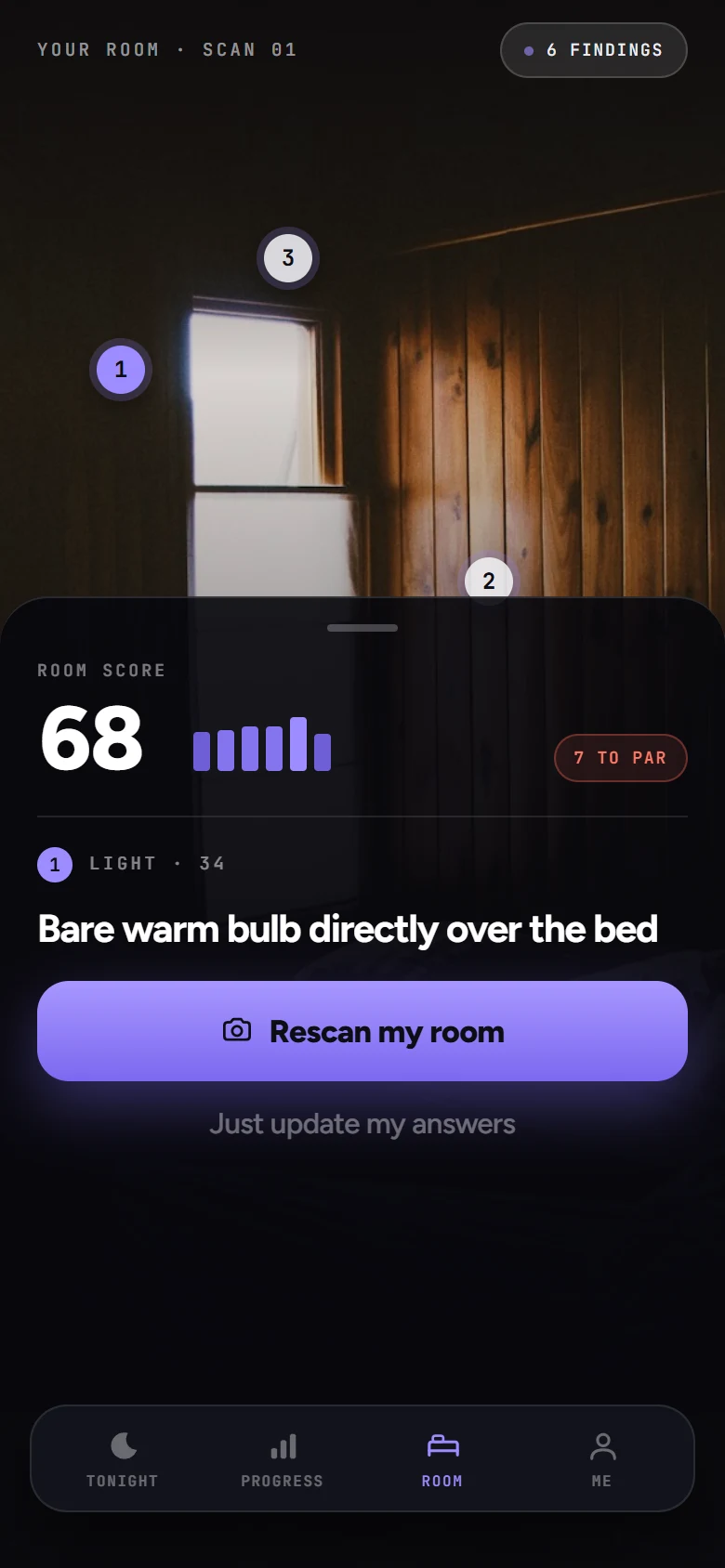Your own room photo with findings pinned on it, and a slider that dims the room